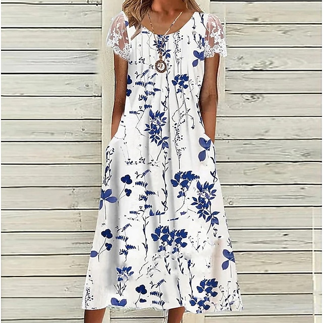 Women's Casual Dress Midi Dress White Short Sleeve Floral Ruched Spring ...