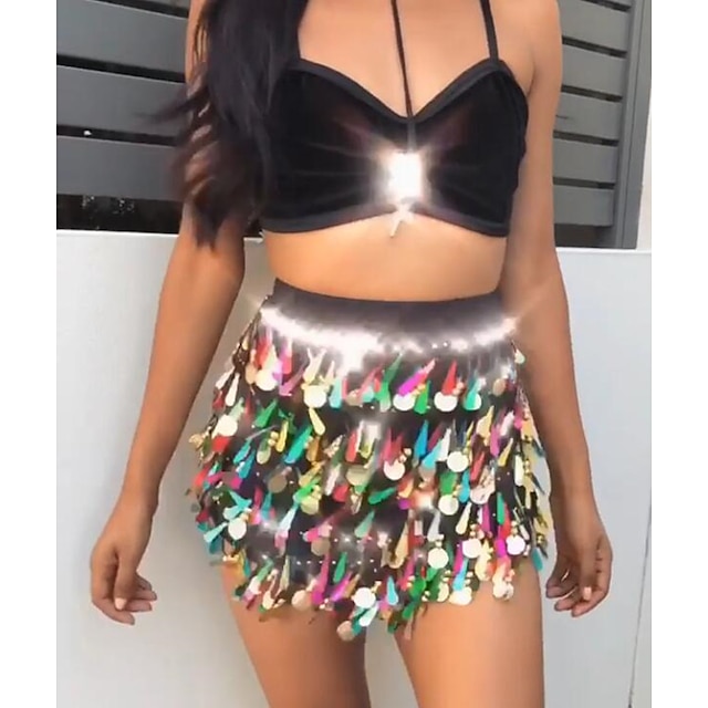 Womens Clothing Womens Bottoms | Womens Fashion Skirts Carnival Performance Color Block Sequins Rainbow One-Size - YK12736