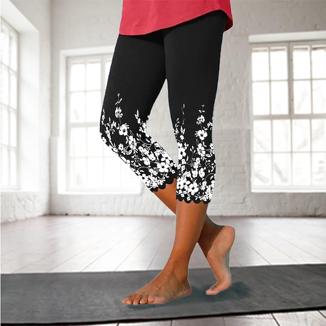  Women's Yoga Pants Tummy Control Butt Lift Quick Dry Yoga Fitness Gym Workout High Waist Floral Graphic Patterned Capri Leggings Bottoms White Black Black Combo Sports Activewear Skinny Stretchy