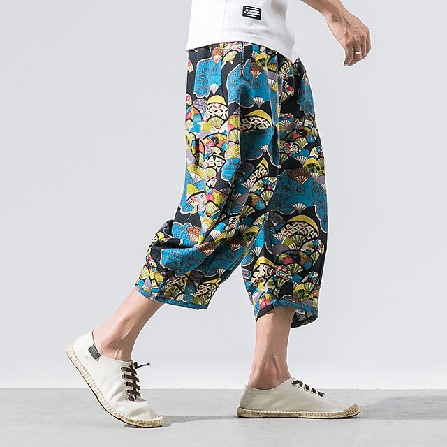 Mens Clothing Mens Bottoms | Mens Baggy Shorts Print Calf-Length Pants Casual Inelastic Flower / Floral Sports Mid Waist Green B