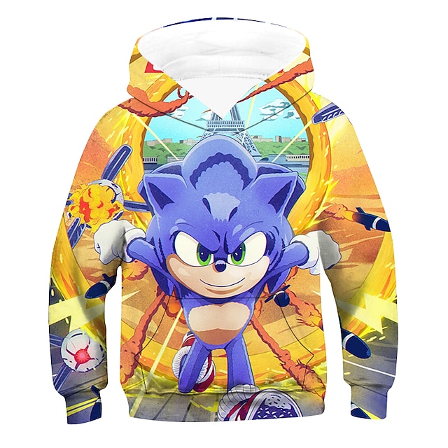 Baby & Kids Boys Clothing | Kids Boys Hoodie Sonic Long Sleeve 3D Print Graphic Patterned Pocket Colorblock Black Blue Children 