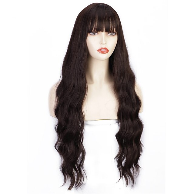 Beauty & Hair Wigs & Hair Pieces | Long Brown Wig Curly Wavy Wig With Air Bangs Natural Looking Machine Made Heat Resistant Synt