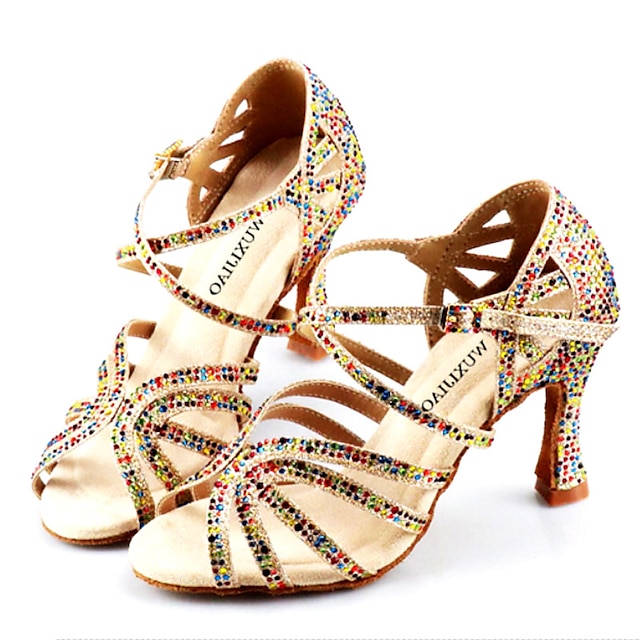  Mulheres Sapatos de Dança Latina Sapatos Salsa Sapatos de Dança Profissional Samba Lantejoulas de Cristal com Brilho Sensual Salto Alto Peep Toe Correia Cruzada Adulto Preto Dourado Prateado