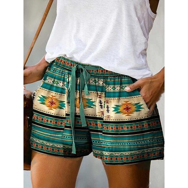 Womens Clothing Womens Bottoms | Womens Ethnic Style Boho Shorts Patchwork Print Short Pants Home Casual Inelastic Geometry Brea