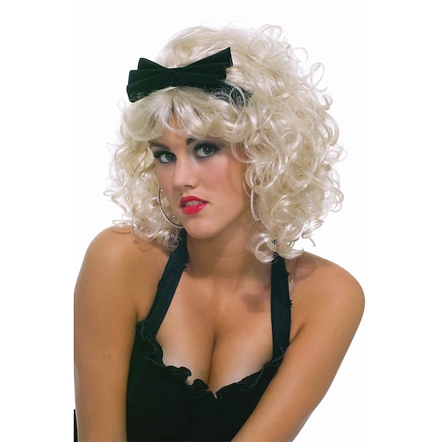  dámská paruka popová hvězda 80. let s mašlí cosplay kostýmní paruka kudrnatá s ofinou paruka krátká světle zlatá syntetické vlasy dámské jemné snadno přenosné módní blond halloween paruka