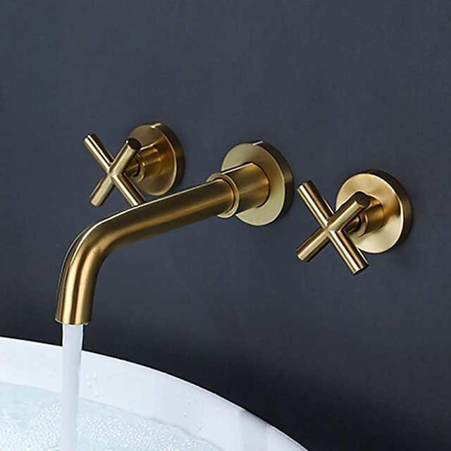  Wall Mount Bathroom Sink Mixer Faucet, Washroom Basin Brushed Gold Faucet Brass Basin Mixer Taps and Rough in Valve Included with Double Handle for Vessel Water Tap