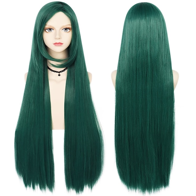  Peluca verde oscuro de 100 cm de largo con flequillo, peluca de cosplay recta para mujeres, niñas, hombres, niños, peluca de pelo sintético, disfraz de fiesta para anime