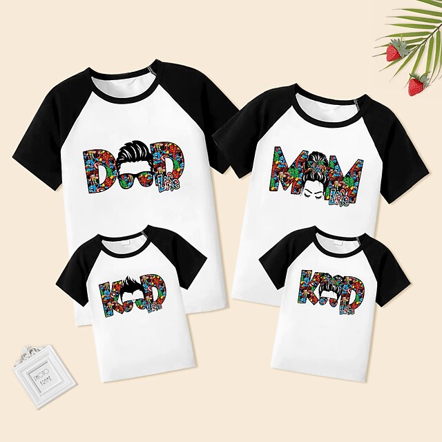 Baby & Kids Matching Outfits | Family Look T shirt Tops Cartoon Graphic Patterned Letter Causal Patchwork White Short Sleeve Cas