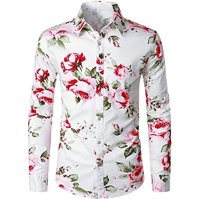 Mens Clothing Mens Shirts | Mens Shirt Floral Turndown Party Daily Button-Down Long Sleeve Tops Casual Fashion Comfortable White