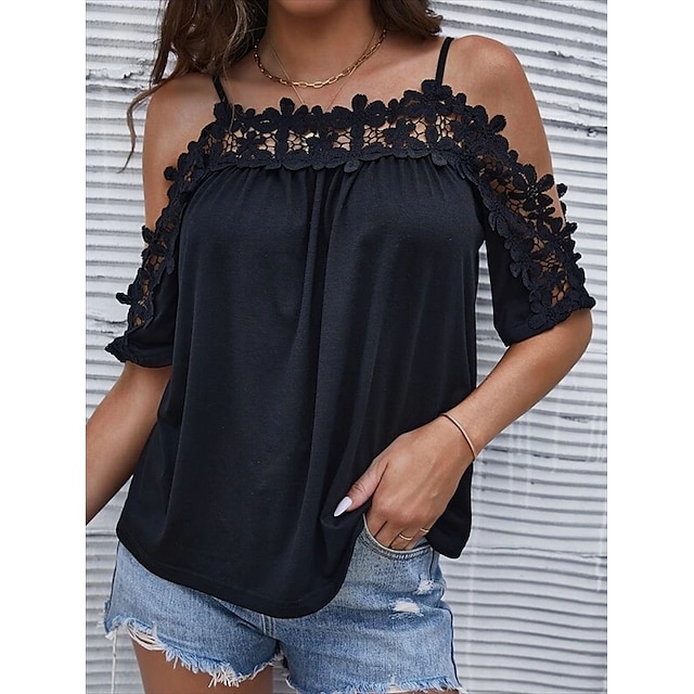 Womens Clothing Womens Tops | Womens Holiday Weekend Shirt Plain Short Sleeve Lace Cold Shoulder Casual Streetwear Tops Black S 