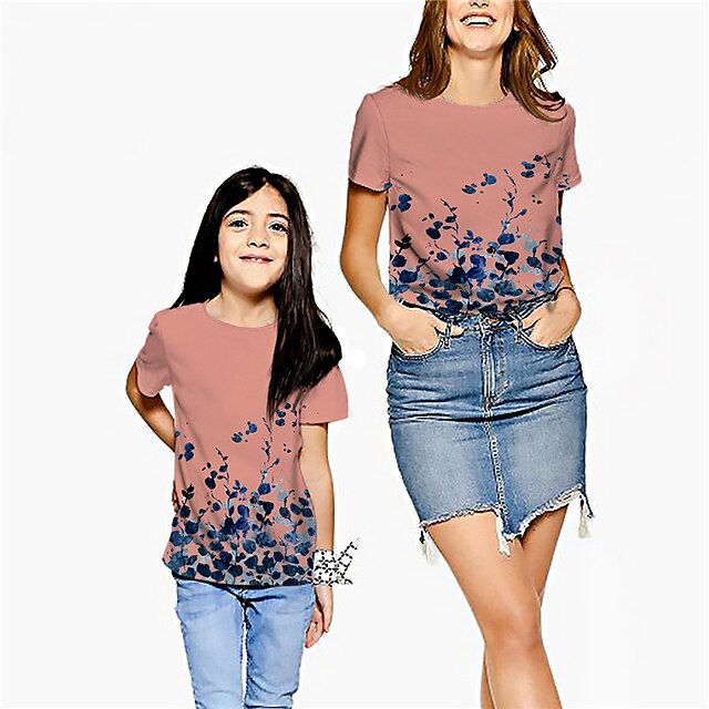 Baby & Kids Matching Outfits | Mommy and Me T shirt Tops Floral Street Print White Pink Short Sleeve Active Matching Outfits - N