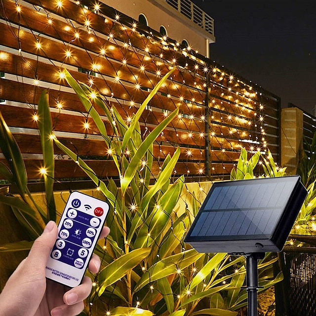  solární síťová světla 3 m * 2 m 200 LED s dálkovým plotem řetězové světlo IP65 venkovní vodotěsné / 8 režimů / časovač / pro zahradu / verandu / svatbu