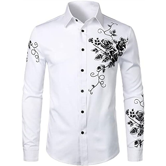 Mens Clothing Mens Shirts | Mens Shirt Floral Turndown Party Daily Button-Down Long Sleeve Tops Casual Fashion Comfortable White