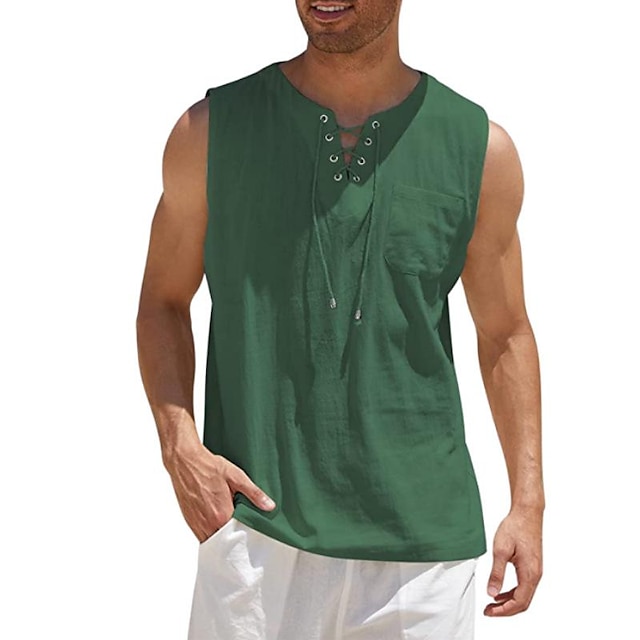  Pánské plátěná košile Bavlněná lněná košile Letní košile Plážová košile Bez rukávů Bílá Tmavě zelená Velbloudí Pevná barva Bez límce Ležérní Denní Oblečení