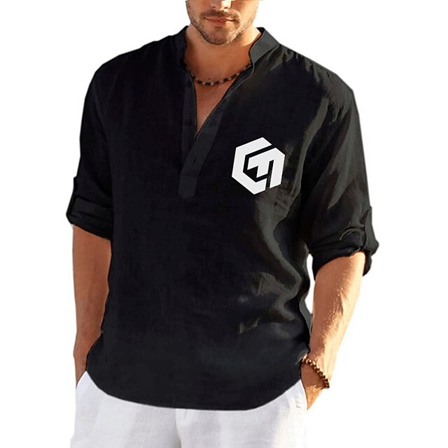 Mens Clothing Mens Shirts | Mens ShirtSolid Color Letter Standing Collar Street Casual Button-Down Print Half Sleeve Tops Design