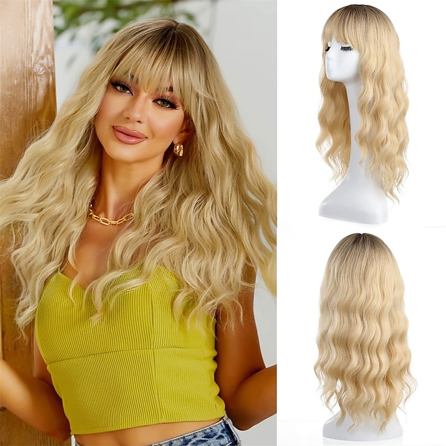 Beauty & Hair Wigs & Hair Pieces | Long Blonde Wigs for Women Dark Roots Curly Wig with Neat Bangs - WH47964