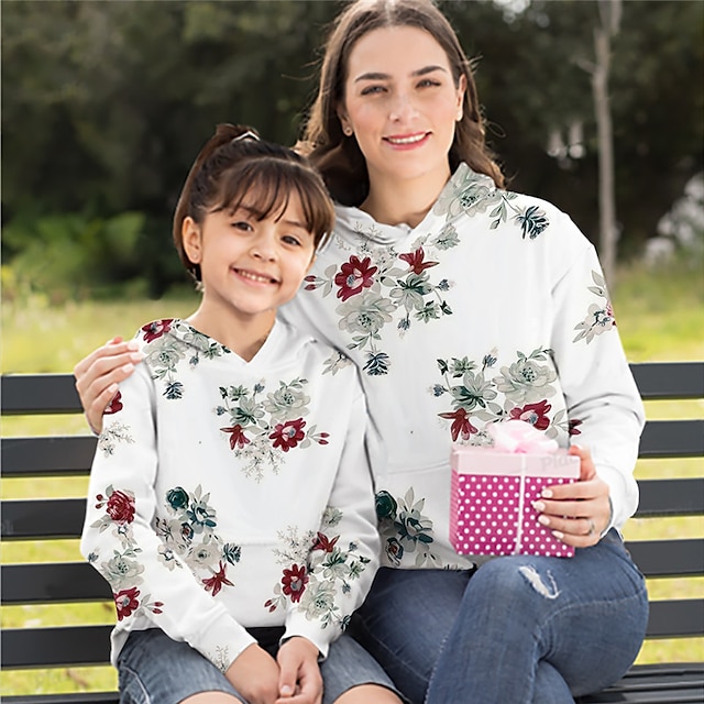 Baby & Kids Matching Outfits | Mommy and Me Hoodie Floral Sports & Outdoor Print Blue Red Long Sleeve Active Matching Outfits - 