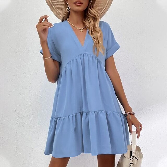  Women's Short Mini Dress Sundress Casual Dress White Blue Short Sleeve Ruffle Patchwork Pure Color Deep V Spring Summer Stylish Casual Boho 2022 S M L XL