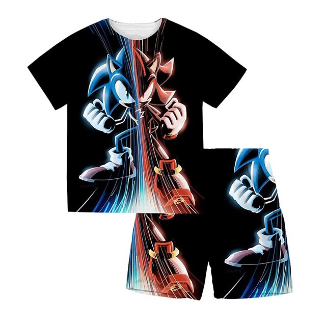 Baby & Kids Boys Clothing | Kids Boys T-shirt & Shorts Clothing Set 2 Pieces Short Sleeve Black Blue Cartoon Crewneck Print Stre