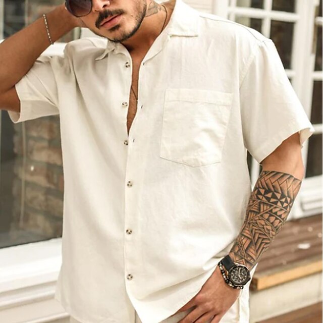 Mens Clothing Mens Shirts | Mens Shirt Solid Color Turndown Street Casual Button-Down Short Sleeve Tops Casual Fashion Breathabl