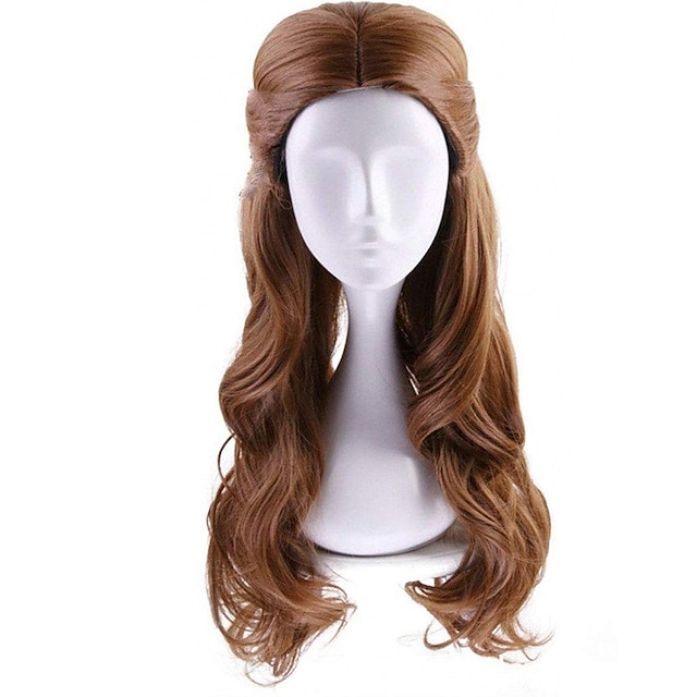  Peluca de pelo sintético ondulado marrón largo con bollos trenzados para mujer pelucas de cosplay