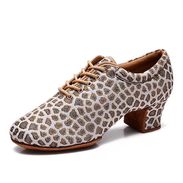  Pentru femei Încălțăminte latină Pantofi de Dans Line Dance Performanță Interior ChaCha Stilat Leopard Pană / Blană Grosime călcâială Vârf rotund Dantelat Adulți Negru Auriu