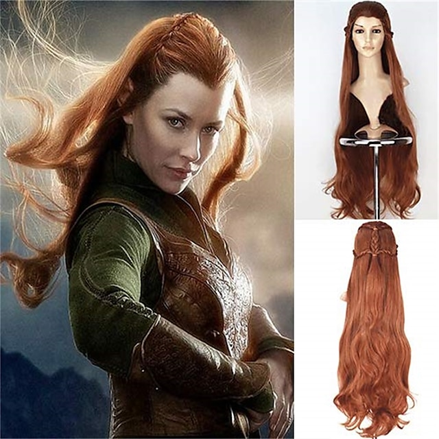  O hobbit o senhor dos anéis filme elfo tauriel peruca cosplay cabelo castanho dourado longo ondulado tranças perucas para mulheres festa mostrar