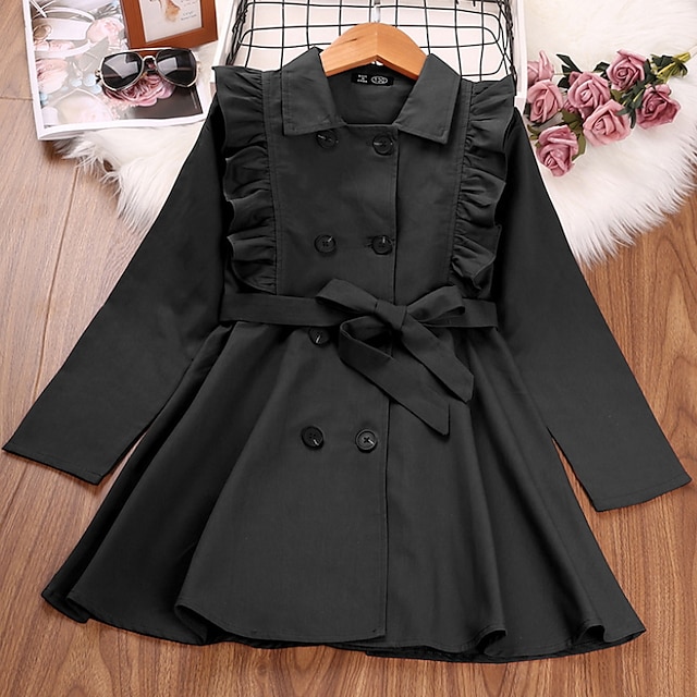 Baby & Kids Girls Clothing | Kids Girls Trench Coat Coat Long Sleeve Black Red Plain Bow Fall Winter Active Daily 3-12 Years - J