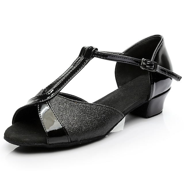  Fete Încălțăminte latină Pantofi De Dans Interior Profesional ChaCha Sequin Profesional Grosime călcâială Vârf rotund Buclă Centură-T Pentru copii Negru strălucitor
