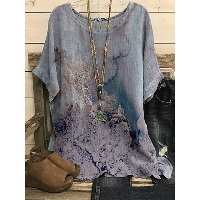  Women's Blouse Print Multi Color Daily Round Neck T-shirt Sleeve Standard Summer Green Blue Pink Yellow Grey / Loose Fit