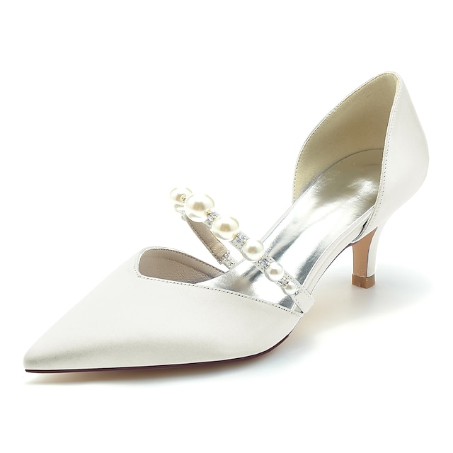  Wedding Shoes for Bride Bridesmaid Women Closed Toe Pointed Toe White Ivory Blue Sliver Satin Pumps with Imitation Pearl Kitten Cone Heel Low Heel Wedding Party Valentine's Day Elegant Classic