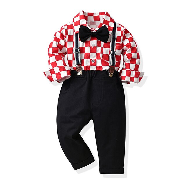 Baby & Kids Boys Clothing | Kids Boys Shirt & Pants Clothing Set 2 Pieces Long Sleeve Black Red Plaid Check School Casual Daily 