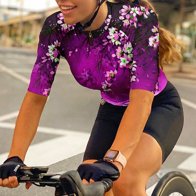  21Grams Women's Cycling Jersey Short Sleeve Bike Top with 3 Rear Pockets Mountain Bike MTB Road Bike Cycling Breathable Quick Dry Moisture Wicking Purple Yellow Blue Floral Botanical Spandex Polyester