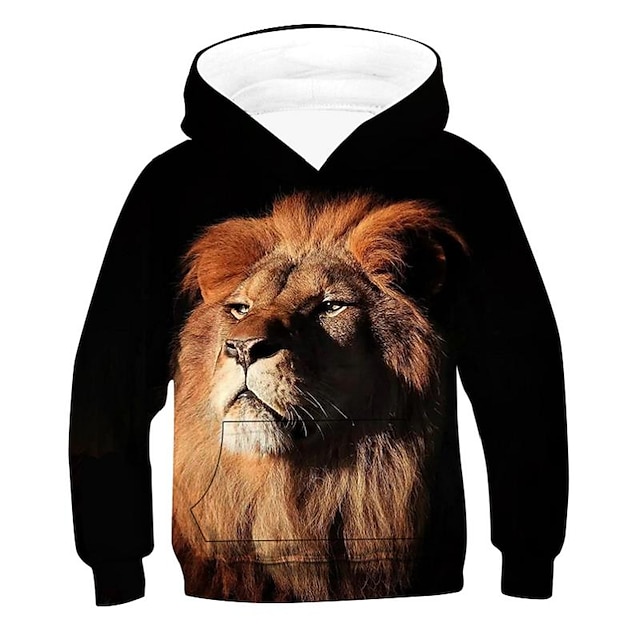 Baby & Kids Boys Clothing | Kids Unisex Hoodie Long Sleeve 3D Print Graphic Patterned Lion Animal Pocket Black Children Tops Fal