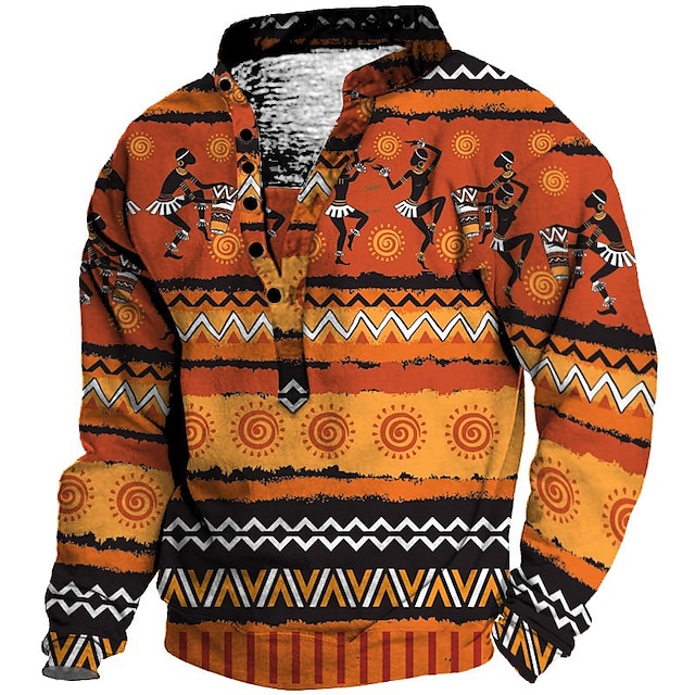  Men's Unisex Sweatshirt Pullover Orange Standing Collar Henley Collar Bohemian Style Graphic Prints Print Casual Daily Sports 3D Print Streetwear Designer Casual Spring & Summer Clothing Apparel