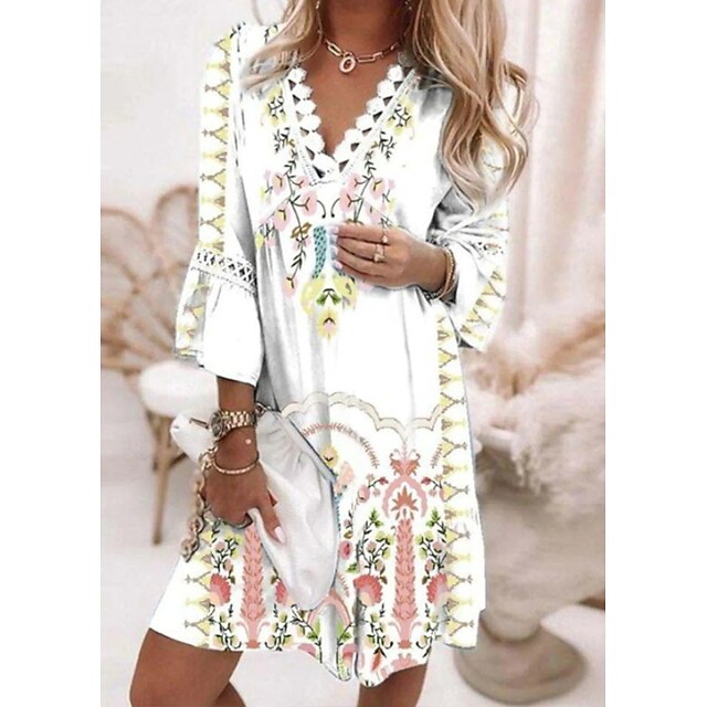  Women's Casual Dress Ethnic Dress Mini Dress White Floral 3/4 Length Sleeve Winter Fall Autumn Ruched Casual V Neck 2023 S M L XL 2XL 3XL