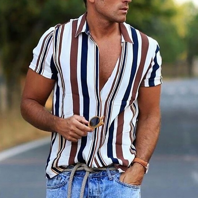  Men's Shirt Striped Collar Street Daily Button-Down Print Short Sleeve Tops Casual Fashion Breathable Comfortable White / Summer