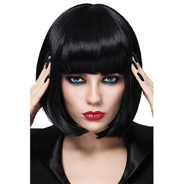  Black Bob Wigs for Women 12'' Short Black Hair Wig with Bangs Mia Wallace Cosplay Synthetic Wig Cute Colored Wigs for Daily Party Halloween Wig