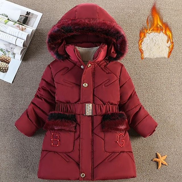 Baby & Kids Girls Clothing | Kids Girls Coat Long Sleeve Black Pink Wine Plain Pocket Winter Active Daily 3-10 Years - ED34629