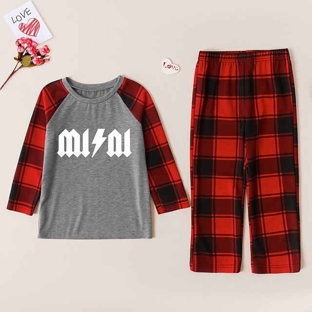 Baby & Kids Boys Clothing | Kids Unisex Christmas Clothing Set 2 Pieces Long Sleeve Gray Plaid Graphic Patterned Letter Patchwor