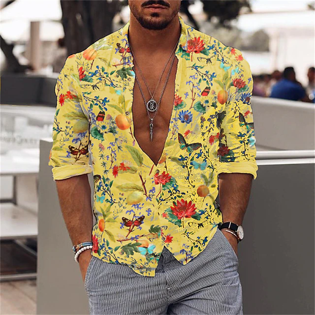 Men's Floral Shirt Long Sleeve Fashion Designer Casual Vacation Casual Going out Spring & Summer Turndown Print Button-Down Black-White White Yellow Orange Green4