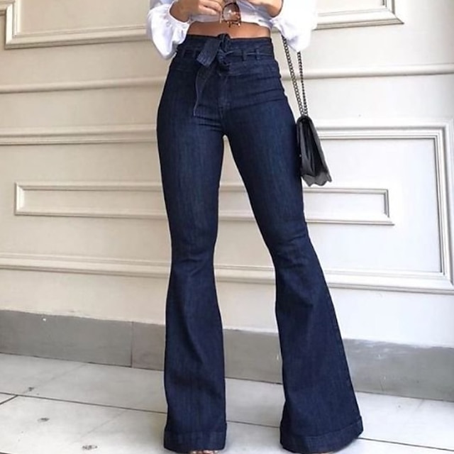  גזרת ג'ינס מתפרצת לנשים באורך מלא ג'ינס פו ג'ינס מיקרו אלסטי עבודה אופנה באמצע מותן קז'ואל שחור כחול s m