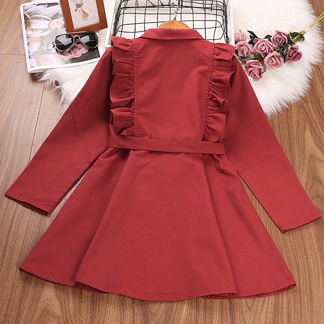 Baby & Kids Girls Clothing | Kids Girls Trench Coat Coat Long Sleeve Black Red Plain Bow Fall Winter Active Daily 3-12 Years - J