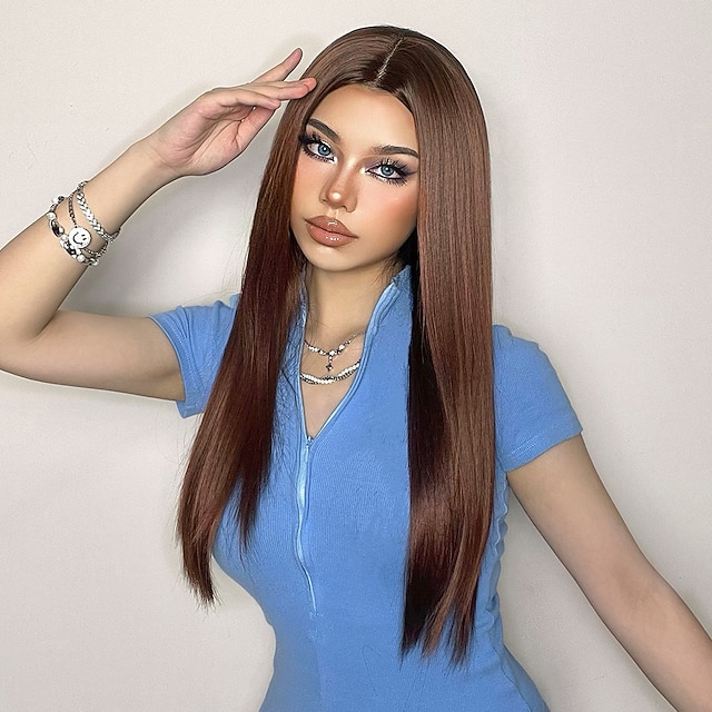 Beauty & Hair Wigs & Hair Pieces | Synthetic Lace Wig Natural Wave Style 24 inch Dark Brown Middle Part 13x1 Lace Front Wig Wome