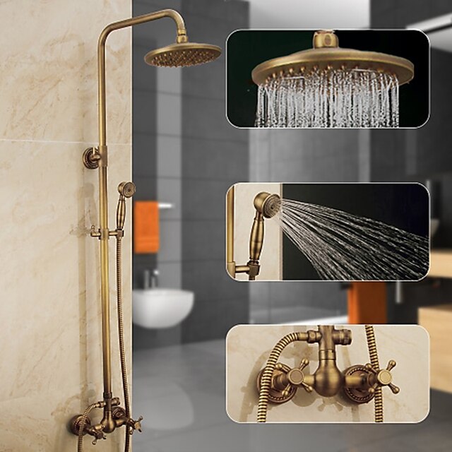  Shower Faucet,Shower System Set - Handshower Included Pullout Waterfall Vintage Style / Country Antique Brass Mount Outside Ceramic Valve Bath Shower Mixer Taps