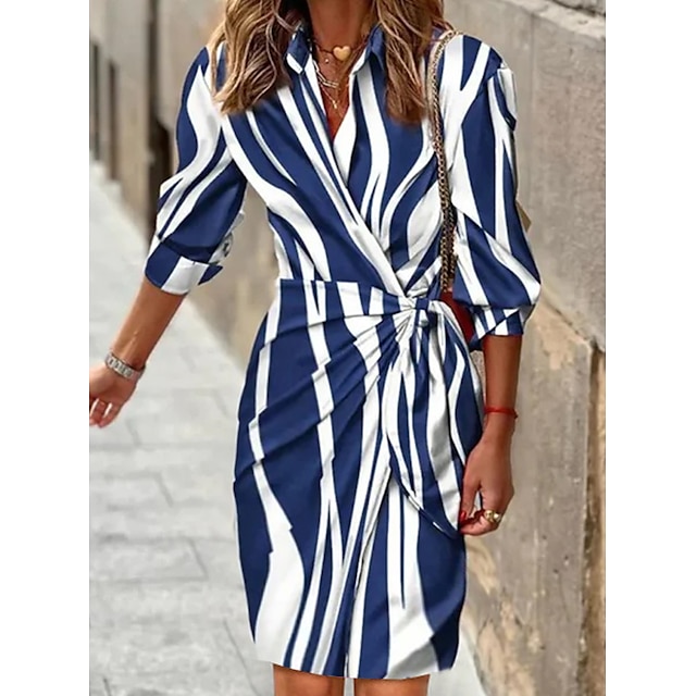  Women's Casual Dress Sheath Dress Church Dress Mini Dress Blue Line 3/4 Length Sleeve Fall Spring Autumn Split Stylish Shirt Collar 2023 S M L XL 2XL 3XL