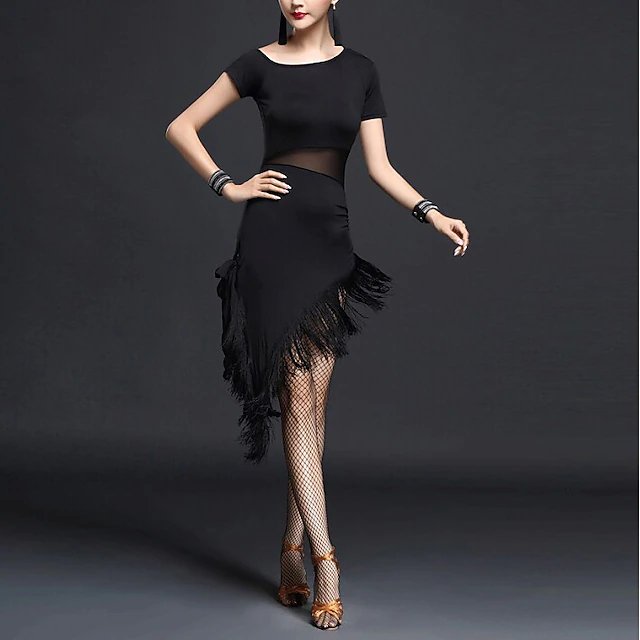 Latin Dance Dress Fringed Tassel Women's Performance Short Sleeves High Nylon Chinlon 8