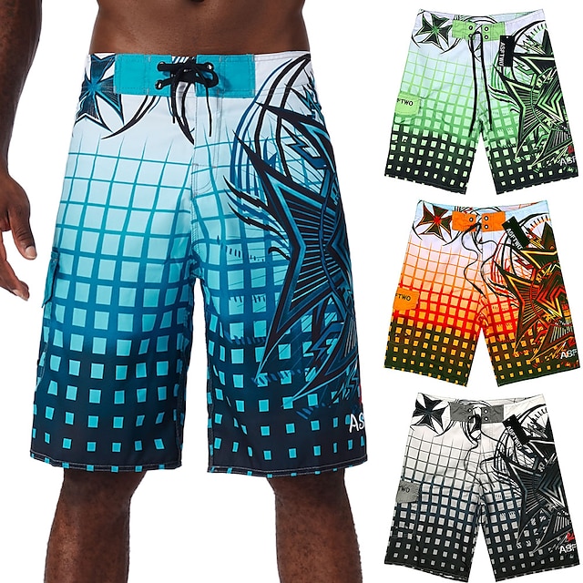  Men's Swim Trunks Swim Shorts Quick Dry Board Shorts Bathing Suit with Pockets Drawstring Swimming Surfing Beach Water Sports Grid Pattern Summer