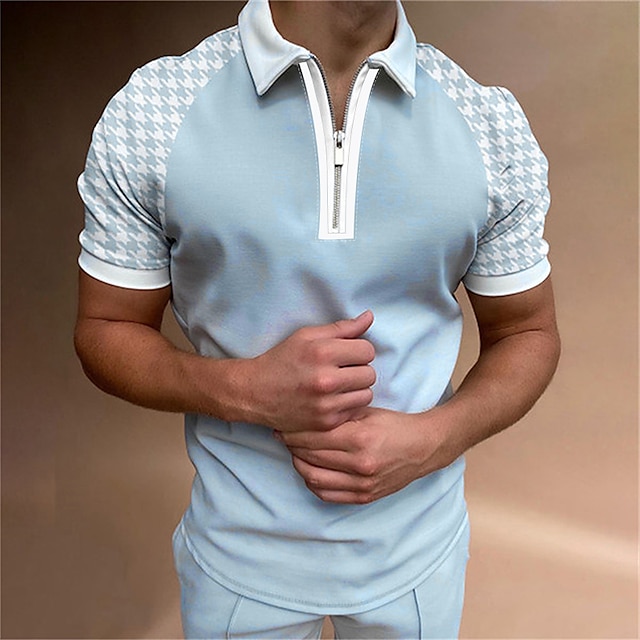  Men's Polo Shirt Golf Shirt Zip Polo Quarter Zip Polo Color Block Turndown Light Blue Casual Daily Short Sleeve Zipper Clothing Apparel Sports Fashion Casual Comfortable