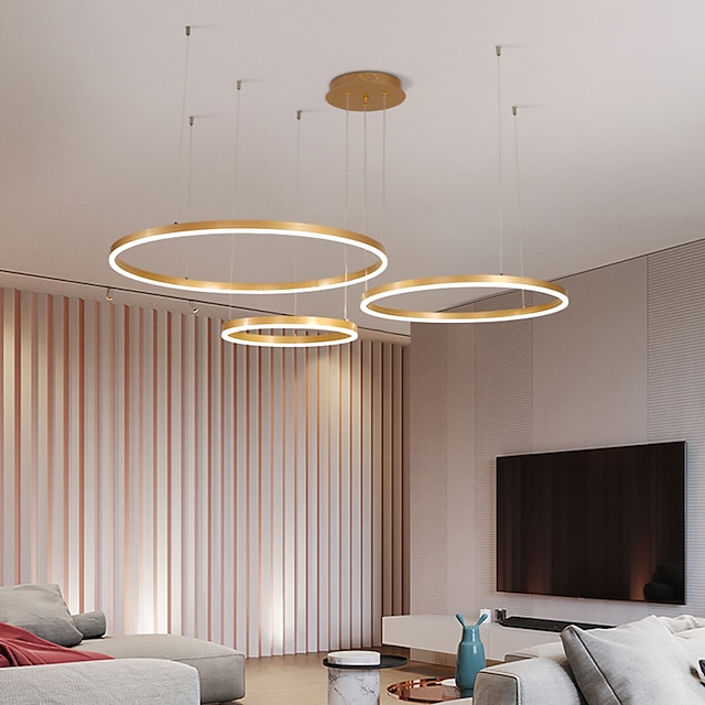  Lumină modernă cu LED, candelabru cu 3 inele reglabile cu telecomandă, lampă circulară suspendată pentru dormitor, bucătărie, insulă, living, foaier pentru sufragerie